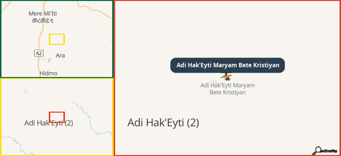 Map showing the address of Adi Hak'Eyti Maryam Bete Kristiyan in three different zoom levels.