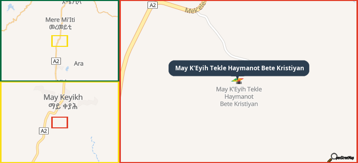 Map showing the address of May K'Eyih Tekle Haymanot Bete Kristiyan in three different zoom levels.