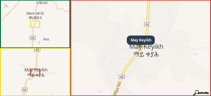 Map showing the address of May Keyikh in three different zoom levels.