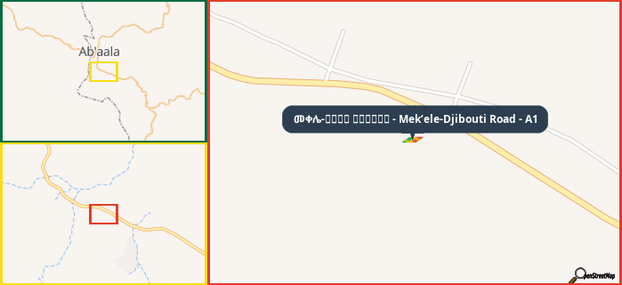Map showing the address of መቀሌ-طريق جيبوتي - Mek’ele-Djibouti Road - A1 in three different zoom levels.