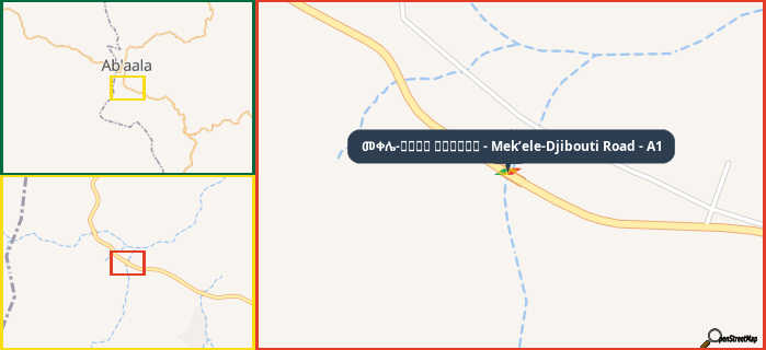Map showing the address of መቀሌ-طريق جيبوتي - Mek’ele-Djibouti Road - A1 in three different zoom levels.
