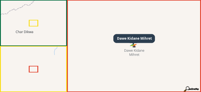 Map showing the address of Dawe Kidane Mihret in three different zoom levels.