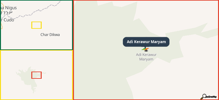 Map showing the address of Adi Kerawur Maryam in three different zoom levels.
