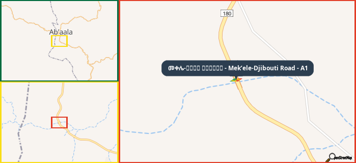 Map showing the address of መቀሌ-طريق جيبوتي - Mek’ele-Djibouti Road - A1 in three different zoom levels.
