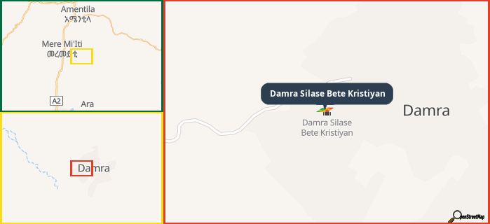 Map showing the address of Damra Silase Bete Kristiyan in three different zoom levels.