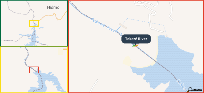 Map showing the address of Tekezé River in three different zoom levels.
