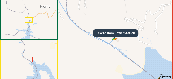 Map showing the address of Tekezé Dam Power Station in three different zoom levels.