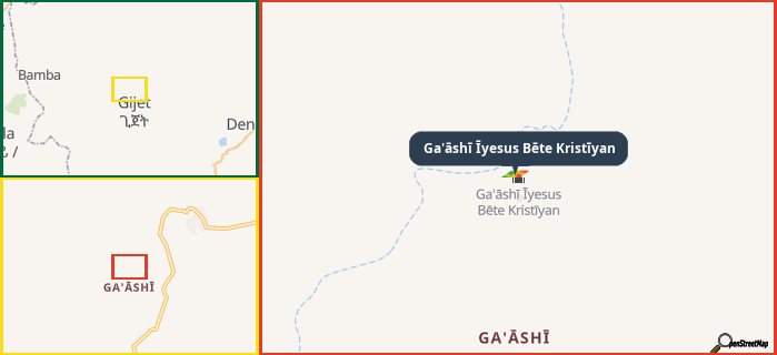 Map showing the address of Ga'āshī Īyesus Bēte Kristīyan in three different zoom levels.