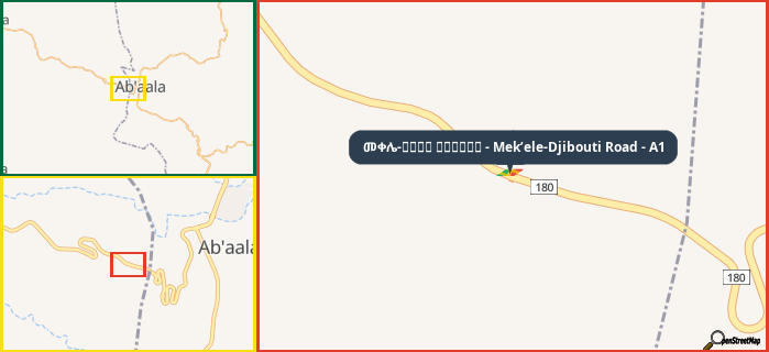 Map showing the address of መቀሌ-طريق جيبوتي - Mek’ele-Djibouti Road - A1 in three different zoom levels.