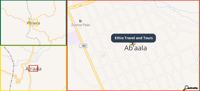 Map showing the address of Ethio Travel and Tours in three different zoom levels.