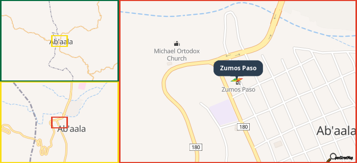 Map showing the address of Zumos Paso in three different zoom levels.