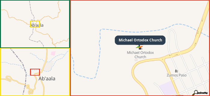 Map showing the address of Michael Ortodox Church in three different zoom levels.