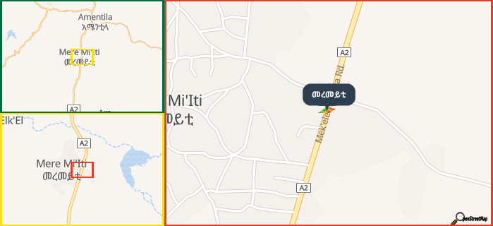 Map showing the address of መረመይቲ in three different zoom levels.