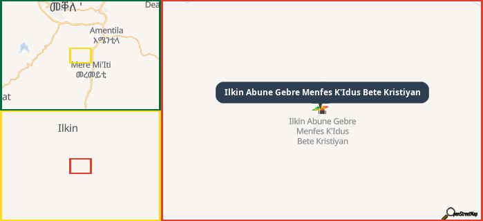 Map showing the address of Ilkin Abune Gebre Menfes K'Idus Bete Kristiyan in three different zoom levels.