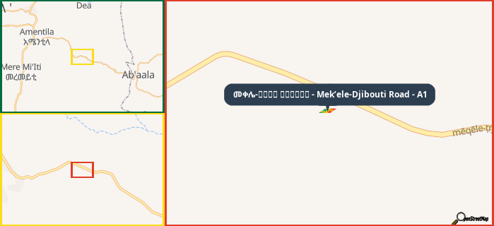 Map showing the address of መቀሌ-طريق جيبوتي - Mek’ele-Djibouti Road - A1 in three different zoom levels.