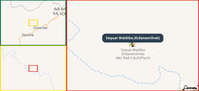 Map showing the address of Sequar Waldiba (Kidanemihret) in three different zoom levels.