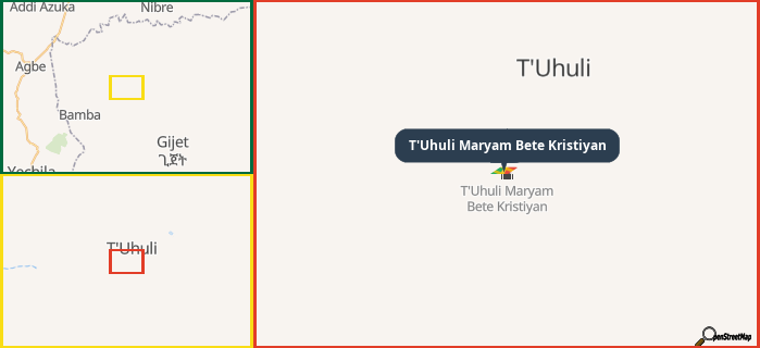 Map showing the address of T'Uhuli Maryam Bete Kristiyan in three different zoom levels.