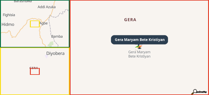 Map showing the address of Gera Maryam Bete Kristiyan in three different zoom levels.