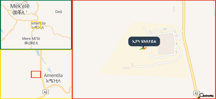 Map showing the address of ኢታካ ቴክስታይል in three different zoom levels.