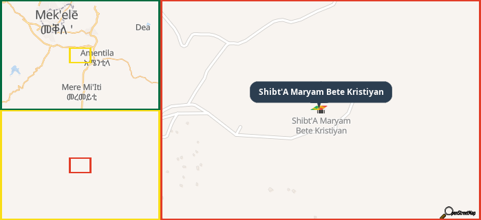 Map showing the address of Shibt'A Maryam Bete Kristiyan in three different zoom levels.