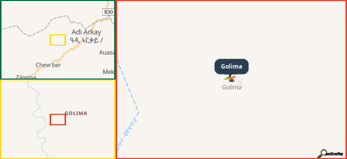 Map showing the address of Golima in three different zoom levels.