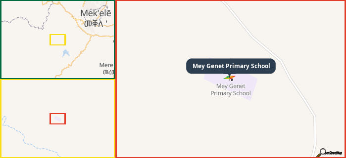 Map showing the address of Mey Genet Primary School in three different zoom levels.