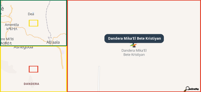 Map showing the address of Dandera Mika'El Bete Kristiyan in three different zoom levels.