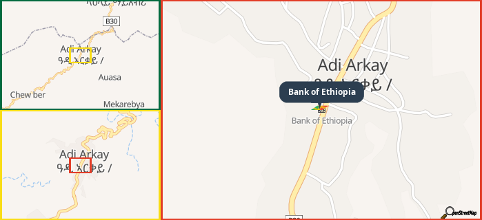 Map showing the address of Bank of Ethiopia in three different zoom levels.