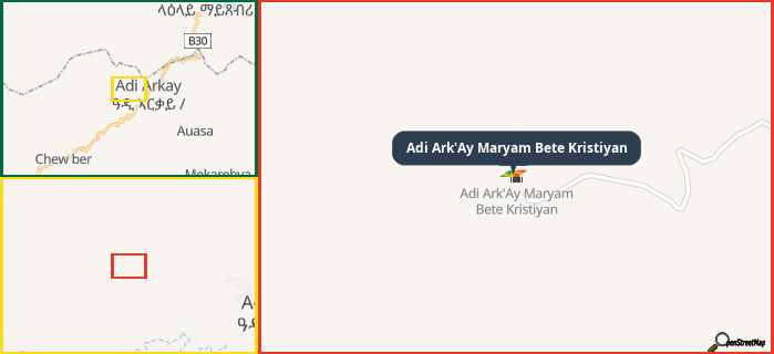 Map showing the address of Adi Ark'Ay Maryam Bete Kristiyan in three different zoom levels.