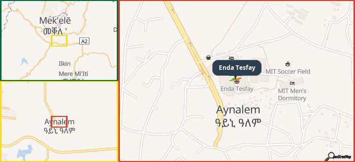 Map showing the address of Enda Tesfay in three different zoom levels.