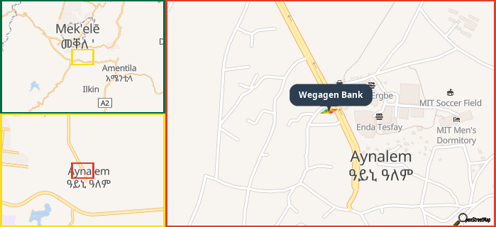 Map showing the address of Wegagen Bank in three different zoom levels.