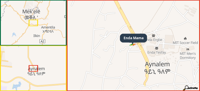 Map showing the address of Enda Mama in three different zoom levels.