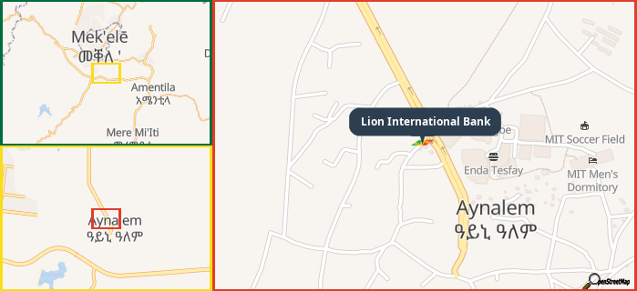 Map showing the address of Lion International Bank in three different zoom levels.