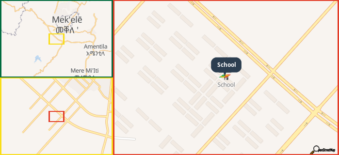 Map showing the address of School in three different zoom levels.
