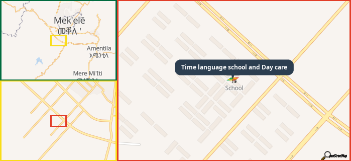 Map showing the address of Time language school and Day care in three different zoom levels.
