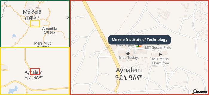 Map showing the address of Mekele Institute of Technology in three different zoom levels.