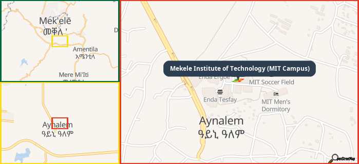 Map showing the address of Mekele Institute of Technology (MIT Campus) in three different zoom levels.