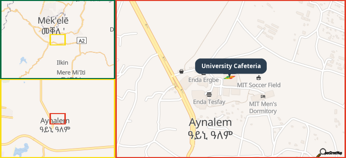 Map showing the address of University Cafeteria in three different zoom levels.