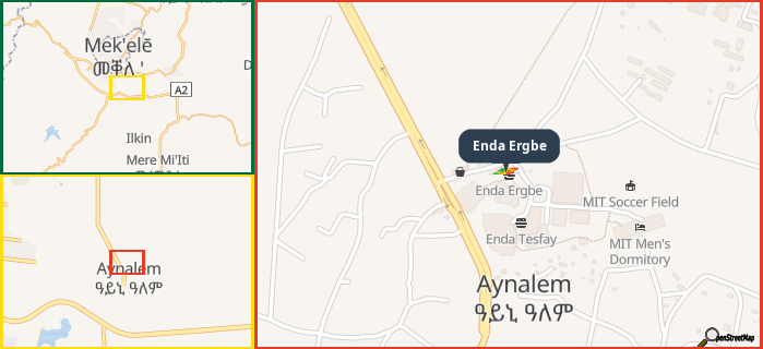 Map showing the address of Enda Ergbe in three different zoom levels.