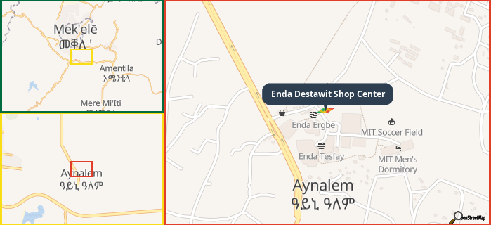 Map showing the address of Enda Destawit Shop Center in three different zoom levels.