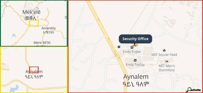 Map showing the address of Security Office in three different zoom levels.