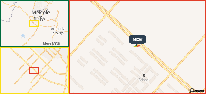 Map showing the address of Mizer in three different zoom levels.