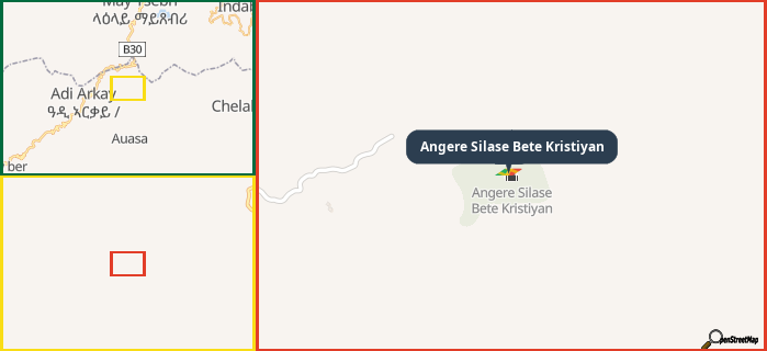 Map showing the address of Angere Silase Bete Kristiyan in three different zoom levels.