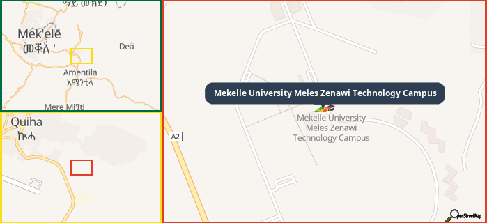 Map showing the address of Mekelle University Meles Zenawi Technology Campus in three different zoom levels.