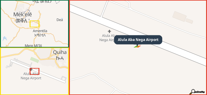 Map showing the address of Alula Aba Nega Airport in three different zoom levels.