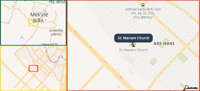 Map showing the address of St. Mariam Church in three different zoom levels.