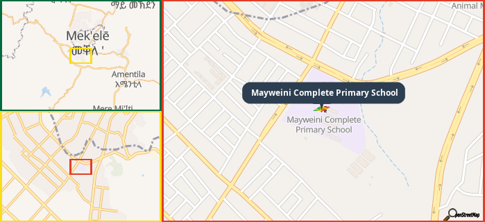 Map showing the address of Mayweini Complete Primary School in three different zoom levels.