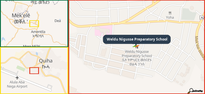 Map showing the address of Weldu Nigusse Preparatory School in three different zoom levels.