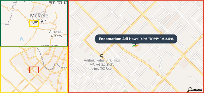 Map showing the address of Endamariam Adi Hawsi እንዳማርያም ዓዲሓውሲ in three different zoom levels.