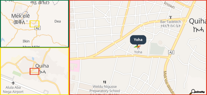 Map showing the address of Yoha in three different zoom levels.